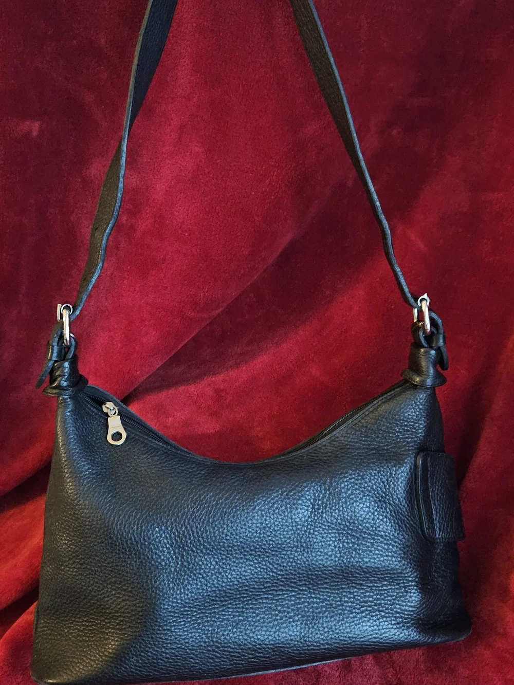 Black Pebbled Leather Shoulder Bag with Buckle Accent